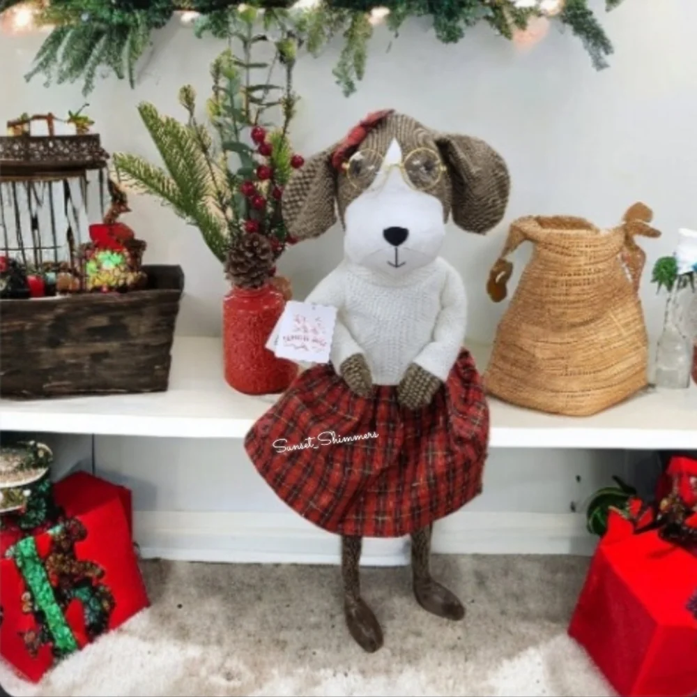 Holiday Beagle Dog In Plaid Dress Shelf Sitter Decor NEW